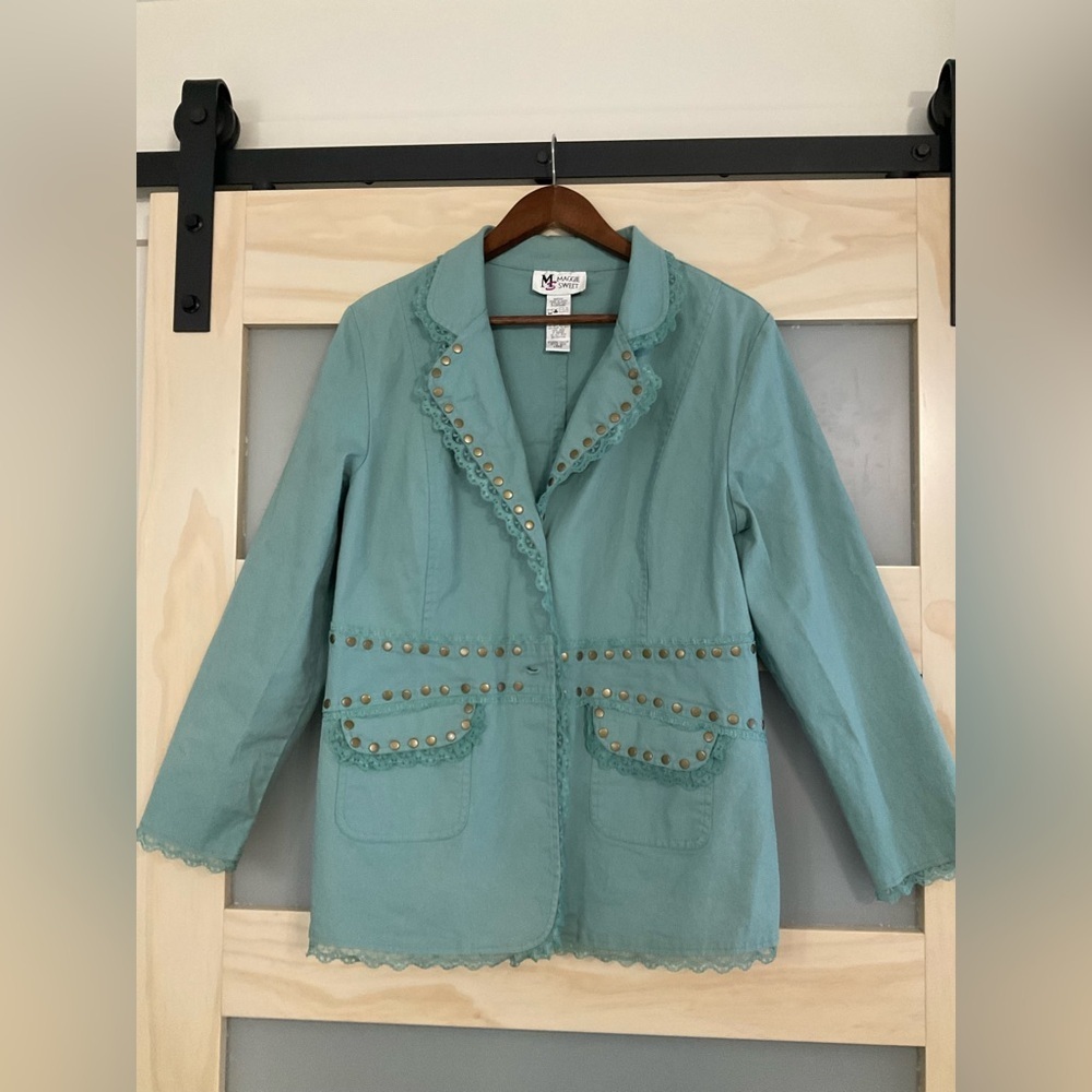 Y2K Maggie Sweet Denim Jacket Lace Trim Studded Boho Large